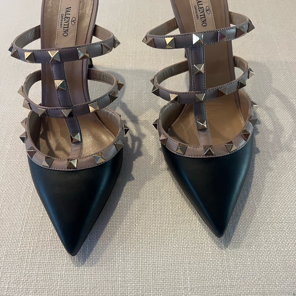 Valentino Black and Tan Studded Heels with Strappy Design